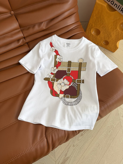 Hermes Printed Short - Sleeve T - Shirt with Leather Buckles, Classic Fit