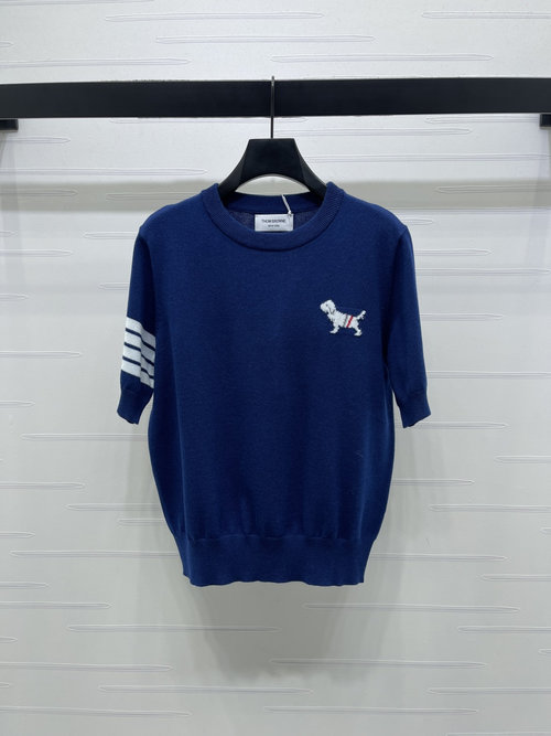 Thom Browne Premium Knit Short Sleeve with Dog Embroidery, Soft and Cozy