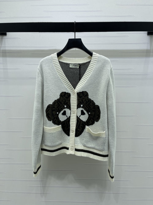 Fendi Premium Quality V-Neck Cartoon Dog Logo Long Sleeve Cardigan