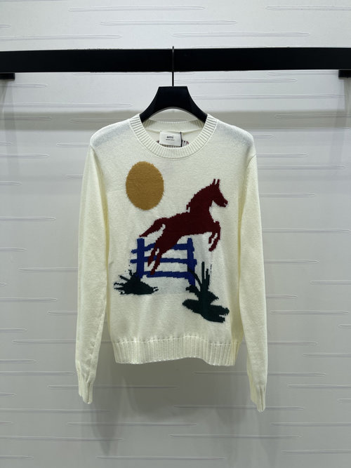 Ami Horse-Themed Knit Sweater with Cute Embroidery