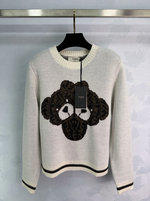 Fendi Daily Comfort FF Bear Intarsia Crew Neck Knit Sweater