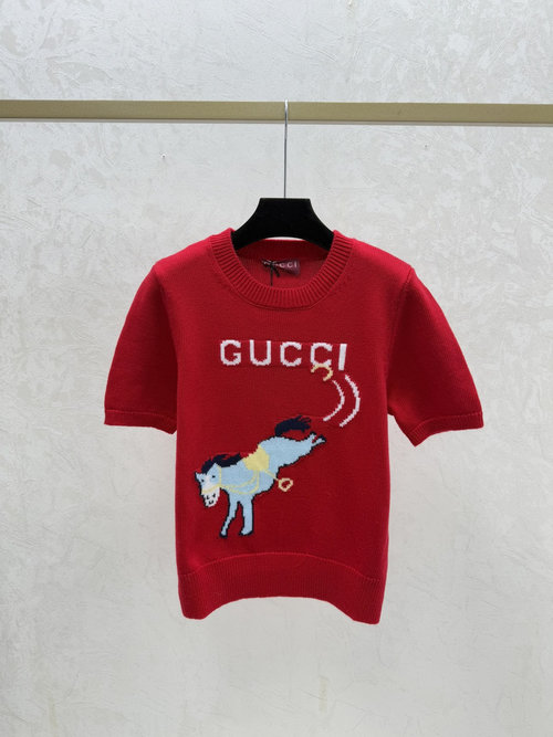 Gucci Contrast Pony Round-Neck Knit Short-Sleeve Top, Subtle Chic