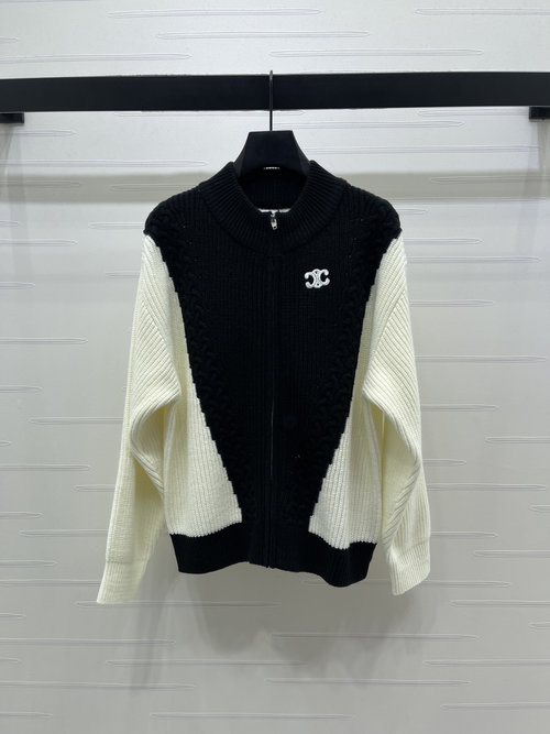 Celine New Arrival: Stand-collar Logo Knit Cardigan, Lazy Style