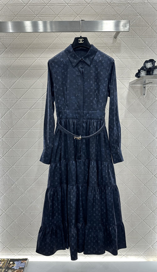 Louis Vuitton Ivory and Navy Blue Printed Belted Shirt Dress