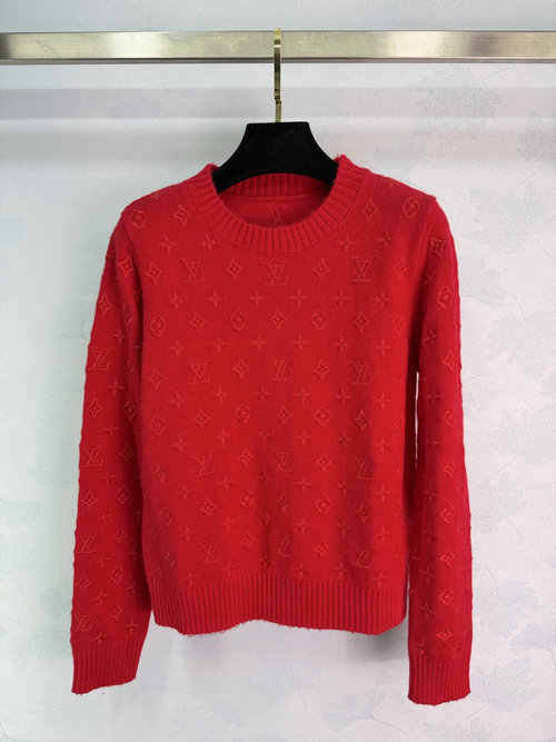 Louis Vuitton Red Crew Neck Wool Sweater with Floating Pattern