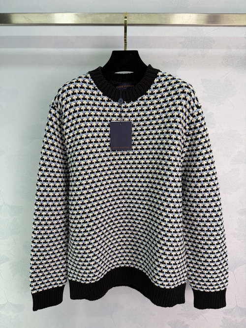Louis Vuitton Classic Houndstooth Knit Sweater with Black Ribbed Edging