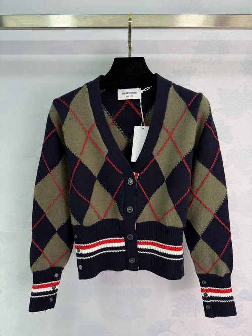 Thom Browne Argyle Knit Cardigan with Contrast Stripes