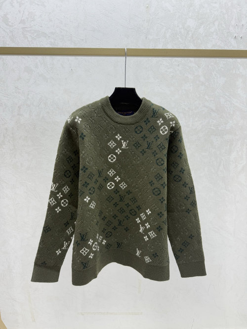Louis Vuitton Long Sleeve Green Knit Top with Floral Letters