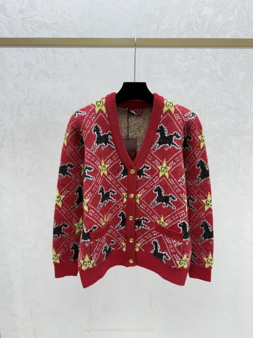 Gucci Contrast Pony V-Neck Knit Long Sleeve Cardigan in Red