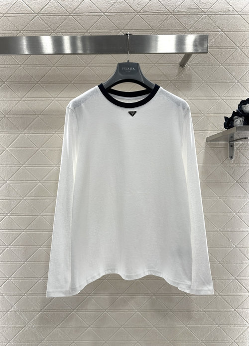 Prada Cotton Round-Neck Logo Long-Sleeve Top with Black-White Collar