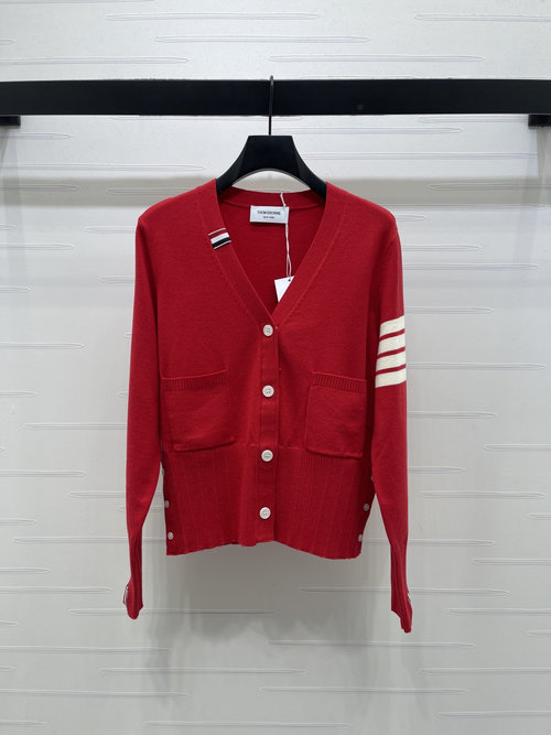 Thom Browne V-Neck Long-Sleeve Cardigan with Hooked Texture