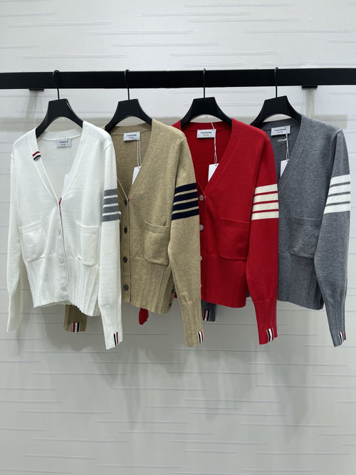 Thom Browne V-Neck Long-Sleeve Cardigan with Hooked Texture