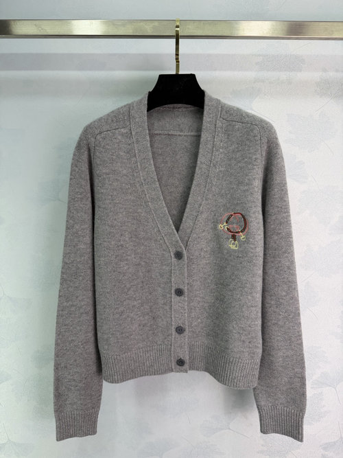 Gucci Horse Year Gray Wool Blend Knit Cardigan with Double G Embroidery