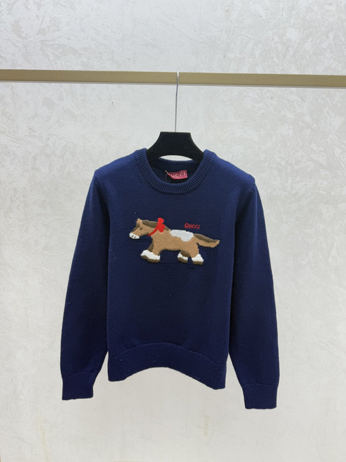 Gucci Navy Blue Contrast Pony Jacquard Knit Top