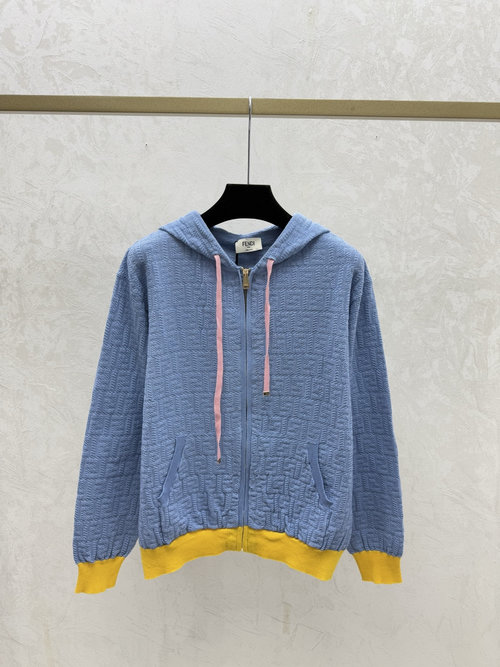 Fendi Contrast Color Hooded Knit Long Sleeve Cardigan in Blue