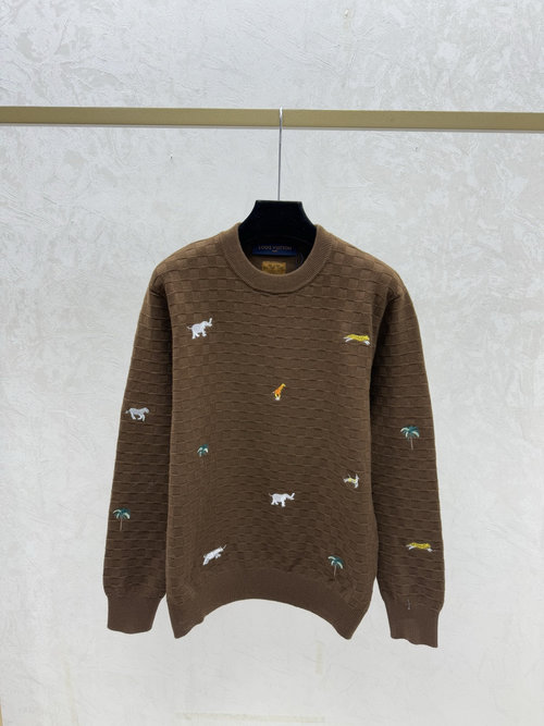Louis Vuitton Contrast Color Animal Embroidery Knit Long Sleeve in Coffee