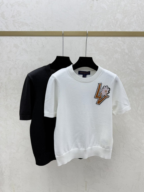 Louis Vuitton White & Black Contrasting Color Letter Round-Neck Knitted Short-Sleeve