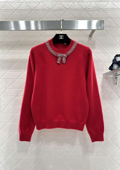 Valentino Elegant Red Knit Sweater Adorned with Bow and Rhinestones