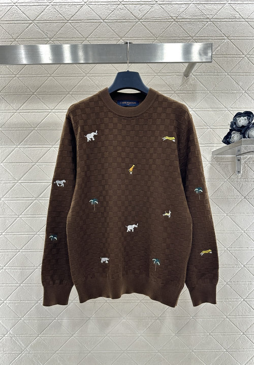 Louis Vuitton Tropical-Inspired Knitted Pullover with Exquisite Embroidery, Deep Coffee