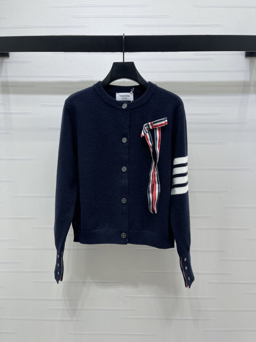 Thom Browne High-End Custom Wool 3D Bow Round Neck Cardigan, Versatile