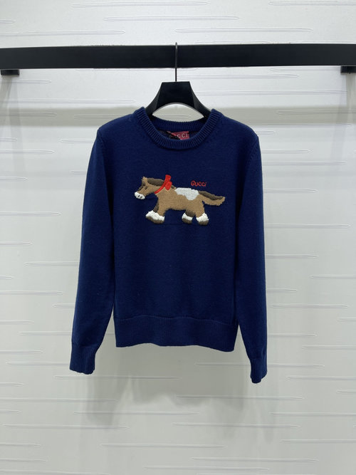Gucci Horse-themed Embroidered Logo Round-neck Knit Sweater