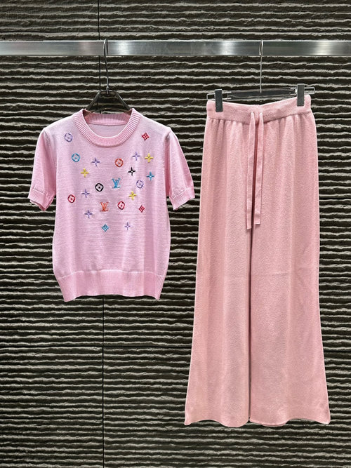 Louis Vuitton Knitted Short - Sleeve and Long - Pants Set with Heavy - Duty Embroidery