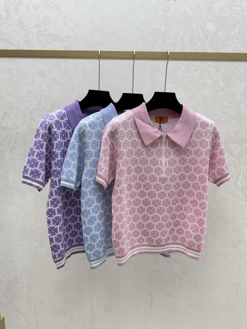 Goyard Contrast Collared Knit Short Sleeve in Pink, Blue and Purple