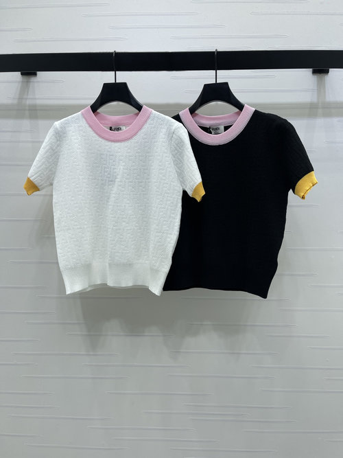 Fendi Spring Jacquard Round Neck Knit Short-Sleeve Top