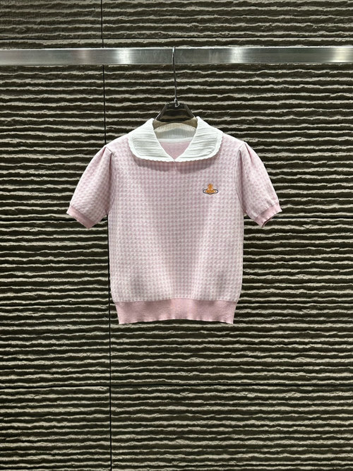 Vivienne Westhood Saturn Collared Checked Knitted Short-sleeved Top