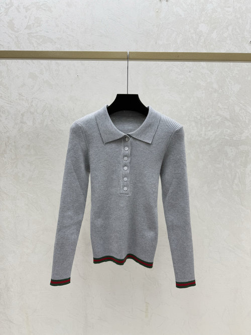 Gucci Colorblock Stripe Turn-Down Collar Knit Long Sleeve
