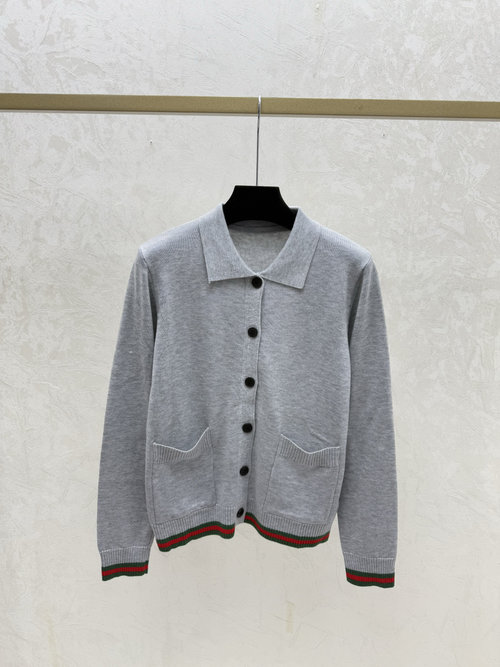 Gucci Grey Color Block Striped Collared Knit Long Sleeve Cardigan