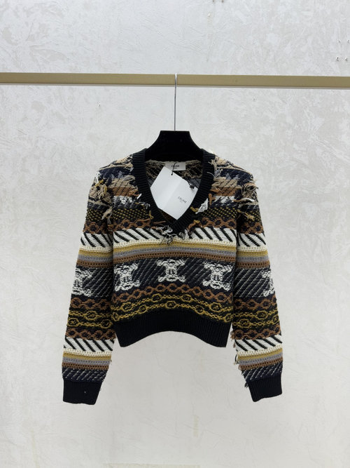 Celine Black Color Block Letter V-Neck Knit Long Sleeve Top