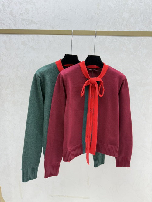 Gucci Color-Blocked Bow Long-Sleeve Knit Top in Red, Green