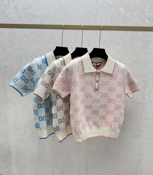 Gucci Contrast Color老花 Pink, Khaki & Blue Letter Turn - Down Collar Knitted Short Sleeve