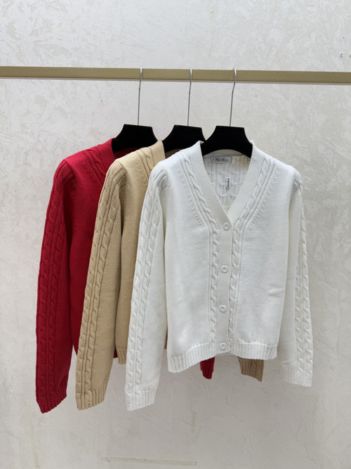 Max Mara Elegant White, Khaki, Red V-Neck Knit Cardigan