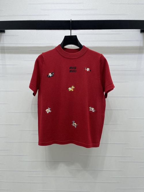 Miu Miu Early Spring Embroidered Round Neck Knitted Short Sleeve