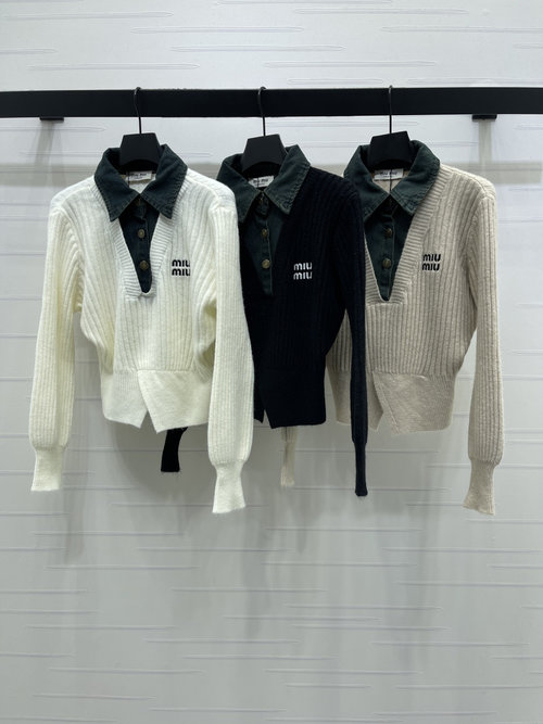 Miu Miu Premium Knit Long-sleeves with Cowboy Polo Collar