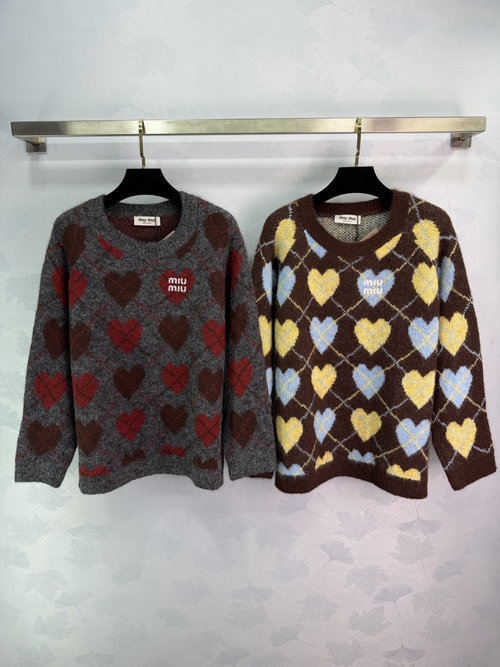 Miu Miu Custom Knit Sweater with Heart Check and Loose Fit