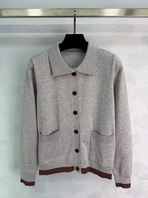 Gucci Solid Color Collared Knit Cardigan with Pocket Decoration