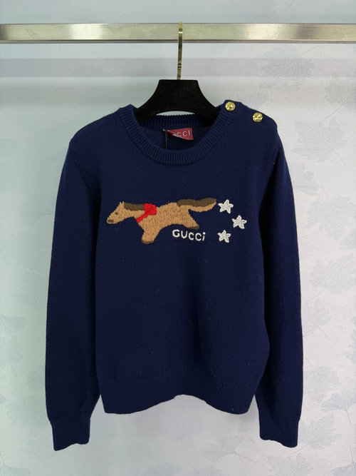 Gucci Horse-themed Embroidered Logo Knit Sweater with Shoulder Buttons