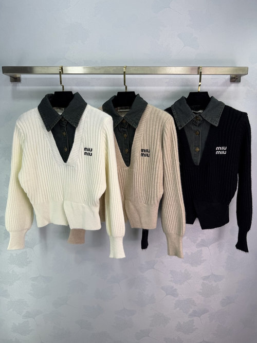 Miu Miu Denim - Stitched V - Neck Logo - Embroidered Knit Sweater