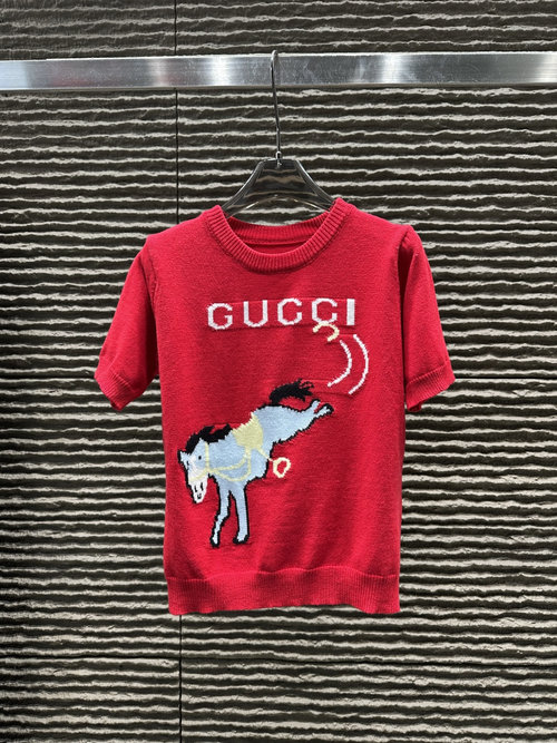 Gucci Vibrant Red Knit Short-Sleeve Shirt with Running Pony Motif