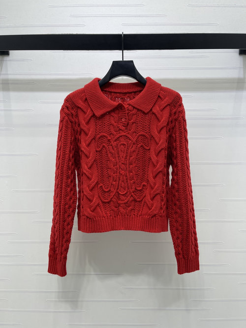 Celine Half-Open Collar Cable Knit Sweater, Warm and Elegant