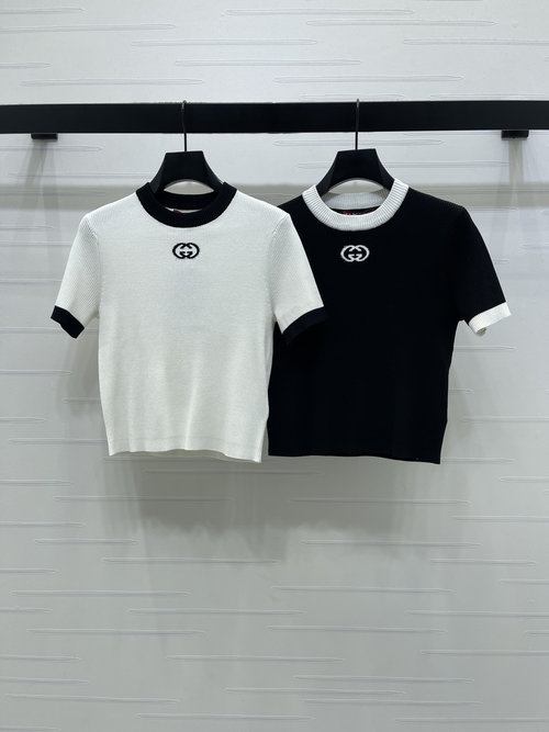 Gucci Knit Short-sleeve Top with Embroidered Logo and Trim