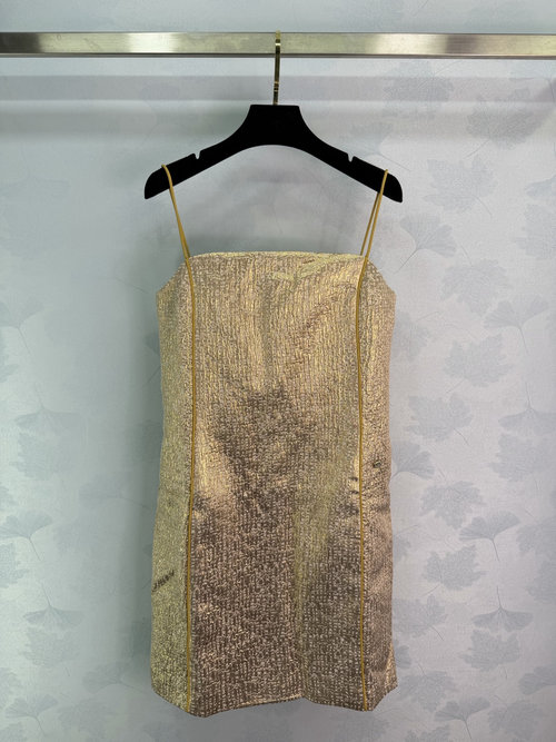 Chanel Embroidered Gold Ruffled Halter Dress with Elegance