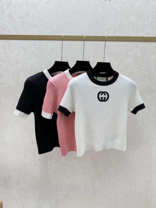 Gucci Checked Letter Jacquard Round Neck Knitted Short Sleeve in White, Pink and Black