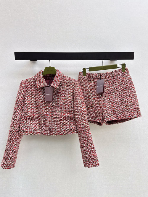 Gucci Berry Red Tweed Suit with Double G Buckles
