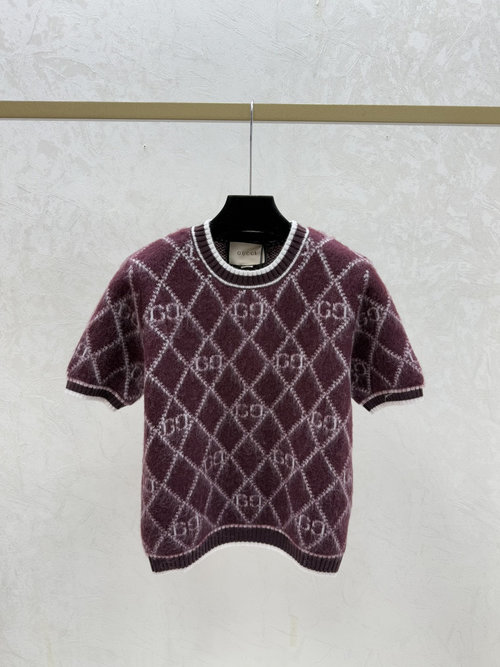 Gucci Red Contrast Letter Checked Round Neck Knit Short Sleeve