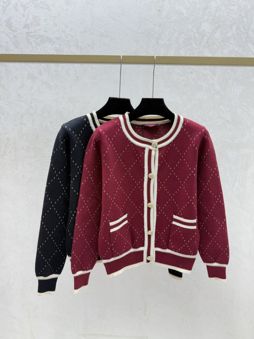 Gucci Red and Black Contrast Checked Round Neck Knit Cardigan