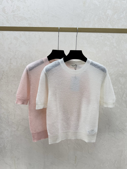 Celine Solid Color Round Neck Short Sleeve in White and Pink